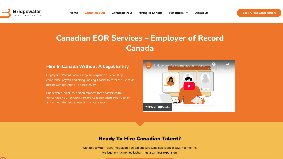 bridgewater talent integration homepage for their canadian eor services