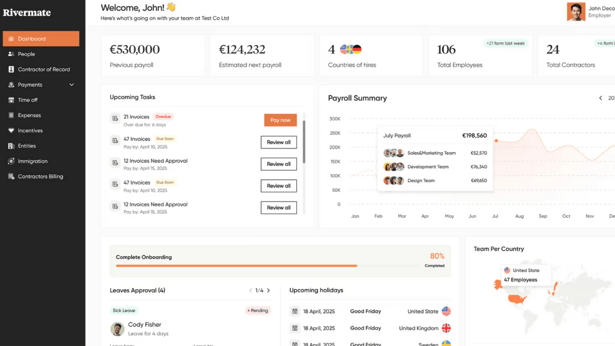 product screenshots of rivermate eor provider hris platform