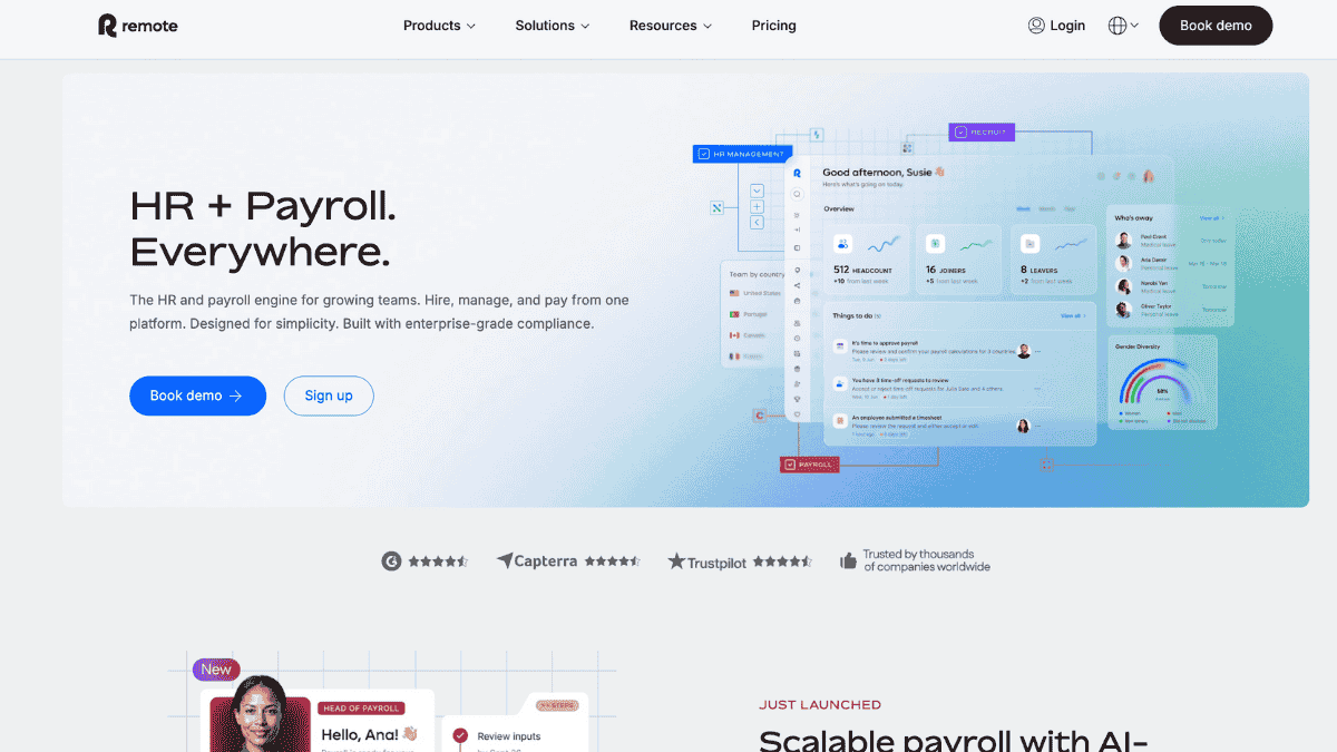 homepage design of remote HR and payroll services