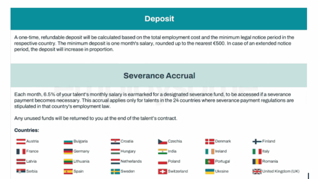 Overview of countries in which a severance deposit accrual is required by WorkMotion for its EOR services