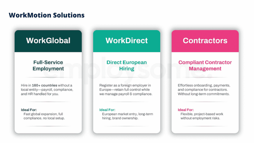 Summary of the services that WorkMotion is offering including EOR, WorkDirect, contractors and immigration.
