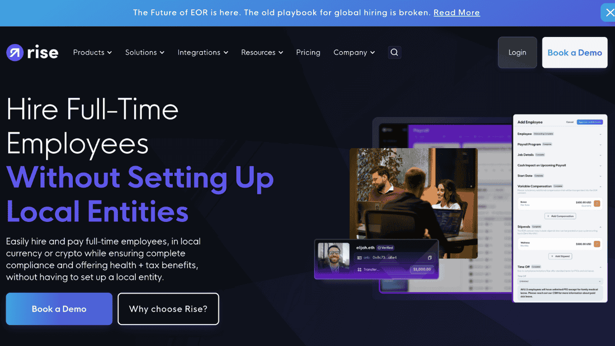 rise eor home screen picture that shows hiring full time employees without setting up local entities and product screenshot.