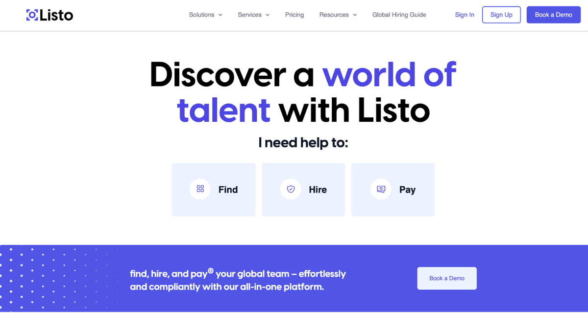 homepage of listo global eor provider