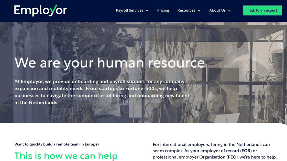 employor website hompepage eor provider stating as we are your human ressource explaining their benefits as an eor provider